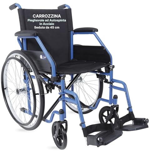 REMEDIA ONE - Sedia a Rotelle Pieghevole Leggera ad Autospinta, Carrozzina per Disabili in Acciaio, Portata Massima 120 kg - Seduta 45 cm, Blu