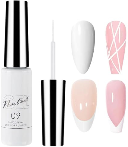 White Gel Nail Polish Liner - French Nail Art Design - Liner Gel Polish for DIY Home Salon, UV/LED Drawing, Beginner & Manicurist - Women’s Fingernail Lacquer