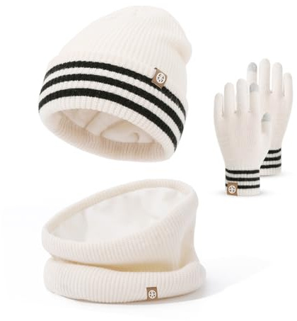 Set Invierno 3en1 Infantil | Gorro Térmico + Cuello Polar & Manoplas Táctiles (4-10 años) - Forro Polar Elástico para Esquí/Nieve Regalo Infantil Conjunto de Invierno para Niños (Blanco Roto)