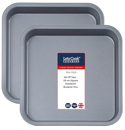 Lets Cook Cookware - Lot de 2 moules à sandwich carrés antiadhésifs de 18 cm, base fixe, 18 cm, fabriqués au Royaume-Uni, pour brownies, Flap Jacks, pains courts, gâteaux, pâtisserie et rôtissage