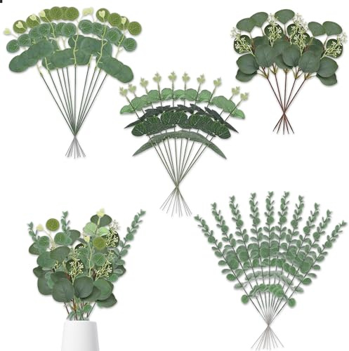 JNYUTEEN 35 Stück Künstliche Eukalyptuszweige, 4 Stil Künstliche Eukalyptus Pflanze Deko, Eukalyptus Künstlich Pflanze Blätter für Hochzeiten Zuhause Büro Blumenarrangements