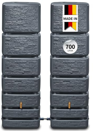 4rain Regentonne Wandtank Slim Stone Decor Set 700 Liter, Graphite Grey | 2X Slim 350L, inkl. Verbinder, ideal für Garten, langlebig und robust, modernes Design, platzsparend, hohe Qualität