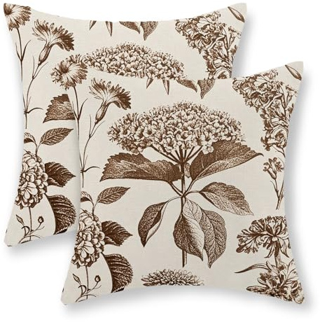 Throw Pillowcase Brown Vintage Boho Florals Hydrangea Herbs Botanical Cushion Cover Cozy And Breathable Cushion Covers Smooth For Livingroom Bedroom 2 Piece 45X45 Cm