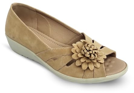 Cushion Walk Womens Wide Fit E Fit Peep Toe Sandals Low Wedge Comfort Shoes Slip-On with Flower Detail Casual Summer