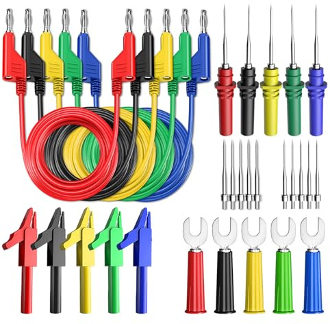 Cleqee 30 Stück Bananenmultimeter-Prüfkabel-Set 4mm Bananenstecker | Stapelbar, Isolierte Krokodilklemmen, Kabelschuhe, Rückseitige Prüfstifte, 10 auswechselbare Nadeln