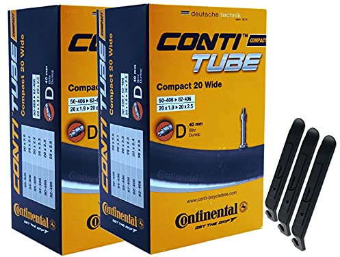 pneugo! Set 2 x Continental Fahrradschlauch 20 Zoll Blitzventil 50-406/62-406 (Compact Wide) + 3 Reifenheber