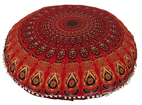 32 Mandala Large Floor Pillow Cover Meditation Cushion Seating Throw Hippie Round Colourful Decorative Bohemian Accent Boho Chic dog bed Indian Pouf Ottoman Handmade COVER ONLY (Peacock-Red)