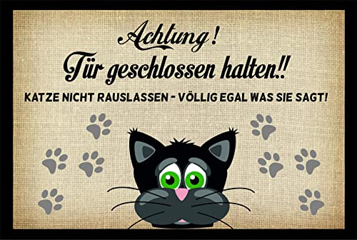 Crealuxe Fussmatte – “ Achtung Tür geschlossen halten – Katze… “ - 60x40 cm - Gummi Rückseite/rutschfest - Filzoberfläche - Bedruckte Türmatte - Innenmatte - Schmutzmatte