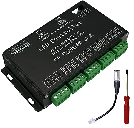 12 Kanal DMX Decoder,DMX512 Decoder RGB LED Controller 60A PWM DMX512 Dimmertreiber für RGB LED Streifen,RGB LED Strips und LED Modullicht DC12V-24V