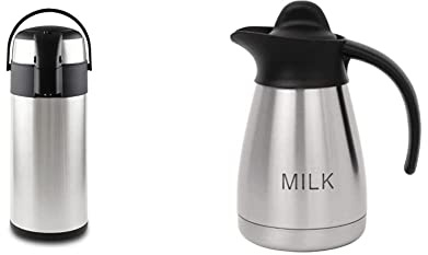 Pioneer Flasks SS50R Stainless Steel Airpot Hot Cold Water Tea Coffee Dispenser Conference Event Flask, Satin Finish, 5 L & Olympia Vacuum Jug Etched Milk 05L with Screw Top Flask Restaurant