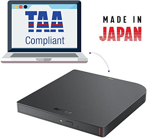 BUFFALO 6X Portable Blu-ray Drive, TAA-Compliant, Read / Write, Plays and Burns BD / DVD / CD, USB 3.2 (Gen 1) Type-A / Type-C, Compatible with Mac / PC / Win 8 / Win 10 / Win 11 / Laptop / Desktop