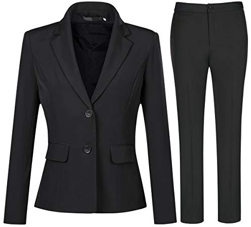 YYNUDA Tailleur 2 pièces Femme Travail Décontracté Bureau Blazer Pantalon Deux Boutons Costumes de Veste Formelle Noir M
