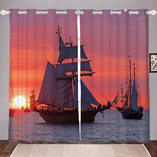 Vorhang Rotes Boot Vorhang Blickdicht Verdunklungsgardine mit Ösen 3D Drucken Curtains für Schlafzimmer Wohnzimmer Deko B 117 x H 138 cm 2er Set