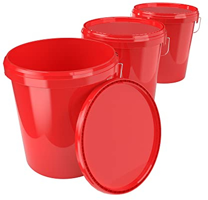 3X Eimer mit Deckel 16 Liter Rot - lebensmittelecht luftdicht und stabil, Leer Eimer mit Griff und Verschluss Deckel für Lebensmittel Chemie Wand Farbe Waschpulver Klebstoffe geeignet