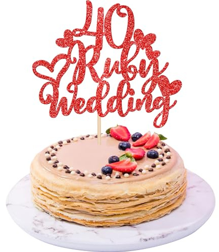 Xsstarmi 1 PACK Ruby Wedding Cake Topper with Heart Red Glitter 40th Anniversary Cake Pick Cheers to 40 Years Cake Decoration