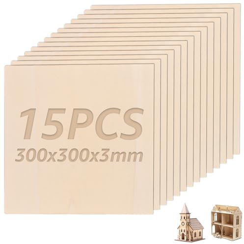 WOPPLXY 15 Stück Bastelholz Platten, 300 x 300 mm Balsaholz 3mm, Bastel Holzplatte aus Pappelholz für Basteln, Gemälde Kunst, Laserprojekte, DIY Modell