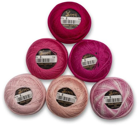 UMC STAG 6 bollar premium pärlbomull broderitråd storlek 8 | 100 % egyptiskt bomull virkat garn | korsstygnsbroderi garn | Oeko TEX-certifierad | 10 gram per boll (rosa toner)