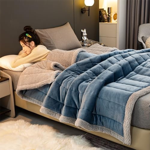 Juneyou 3-lagige luxuriöse Flanell-Fleece-Bettdecke, verdickt, superweich, isoliert, Hibiskus, Winterdecke, waschbar, weicher Plüsch-Samt, Sherpa-Decke (Blau-B, 120 x 200 cm)