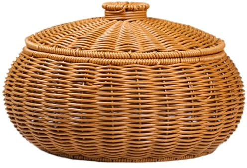 Veesper Rattankorb mit Deckel rund umfangreicher Kapazität Brotkorb gewebt waschbarer Rattan Storage Korb Pastoral Mehrzweck Rattankörbe für Eiertee Snacks Obstkosmetik