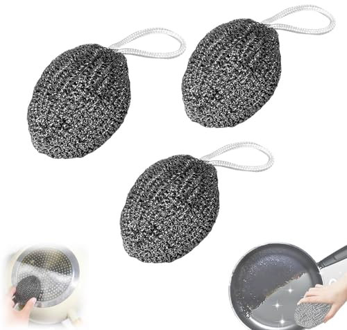 Sfere in filo di ferro, scrubber in acciaio inossidabile, panno in filo antigraffio, spugne abrasive in metallo, spugna riutilizzabile per lavare piatti, pentole, padelle, griglie (3 pezzi, 40 g)
