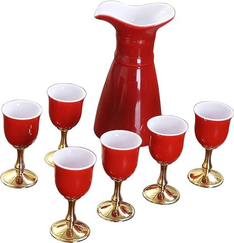 Sake Set Japanese, Sake Pot Sake Cup Modern Used for Home Party and Great Gifts, Sake Cups + Sake Pot + Gift box packaging,Red (Red)