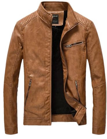 Herren Streetwear Pilotenlederjacke Herren PU-Lederjacke Fleece und dicke Mäntel Motorradbekleidung, Fleece, Gelb, S