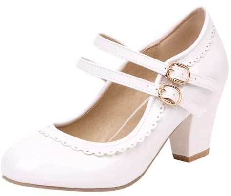 HSyc JRX dam lack Mary Jane blockklack höga klackar pumps med spets eleganta skor, Vit, 41.5 EU