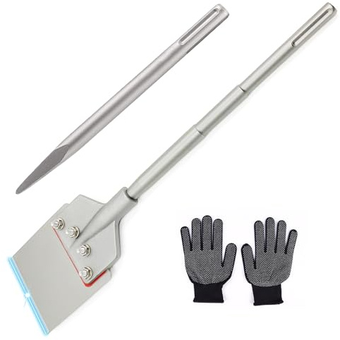 SDS Max Floor Scraper 6 in. x 24 in. Wide Tile Flooring Adhesives Remover, Thinset Removal Tool Chisel Bit with Spare Blades & Point Concrete Chisel & Gloves