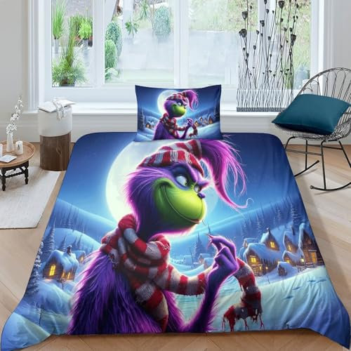 Grinch Bettwäschegarnitur Bettbezug Set Für Kinder Mädchen Jungen 3D Gedruckter Weihnachten Bettwäsche Reissverschluss Und Kissenbezüge Weich Microfaser 2 Teilig Single（135x200cm）