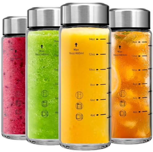 Glass Juice Bottles 4 Pack 16 oz - Wide Mouth Glass Water Bottles with Lids - Borosilicate,Stainless Steel Lids for Juicing, Smoothies, Infused Water, Beverage Storage, Leakproof, Reusable,BPA Free
