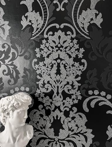 NEWROOM Tapete Schwarz Vliestapete Ornamente - Barocktapete Vintage Silber Glitzer Mustertapete Klassisch Prunkvoll Antik inkl. Tapezier-Ratgeber