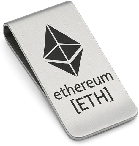 Elegante edle Geldklammer aus gebürstetem rostfreiem Edelstahl. Motiv Ethereum ETH