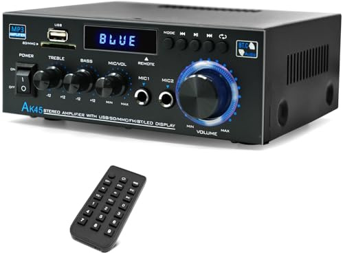 AK45 Stereo Home Audio Amplifier, 5.0 Mini Bluetooth Receiver, 300W *2 Blutooth HiFi Stereo Power Amplifier 2.0 Channel RMS 40W x 2 Home Stereo System with Remote Control Amp W/MIC,USB, RCA,FM Radio