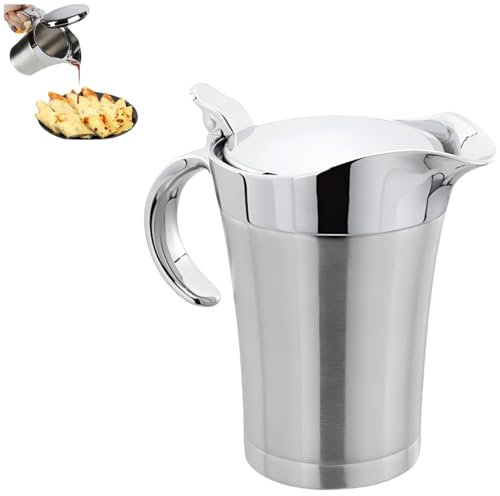 Insulated Gravy Boat with Lid,Thermal Gravy Boat with Hinged Lid, Stainless Steel Double Layer Insulated Sauce Jug, 450ml/750ml Hot & Cold Sauce Container for Home Kitchen(750ML/26 OZ)