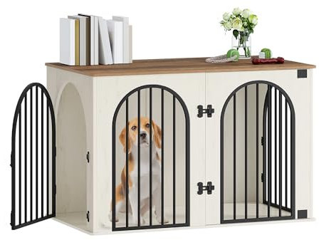 Hzuaneri Hundekäfig Möbel, 108 cm Hundebox für Zuhause, 3 Türen, Bogentür, Moderne Hundebox Indoor für Hunde, Beistelltisch, Hundekäfig Hochbelastbar, 108 x 64 x 76 cm, Weiß Braun DFC86014B