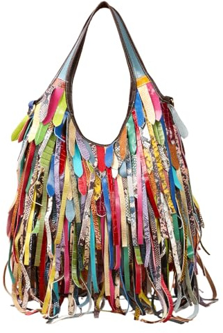 Segater Colorful Hobo Handbag for Women Multicolor Leather Fringe Shoulder Bag Tassels Crossbody Purse Travel Shopper Satchel