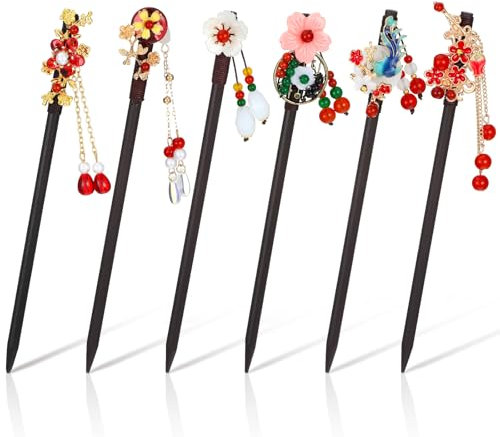 Kifmurase 6 bastoncini per capelli cinesi, bacchette per capelli in legno rosso da donna con fiori, forcine giapponesi asiatiche accessori con nappa retrò fiore per donne per capelli lunghi