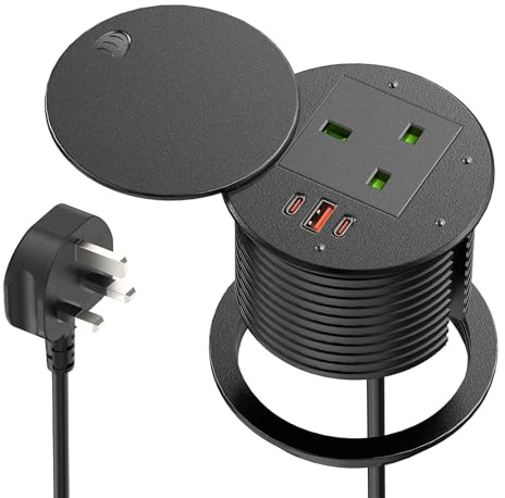 Recessed Desk Socket with USB-C PD 35W & USB-A 30W, Built-in Power Outlet with Cover, 3 USB Ports, 1,8m Cable, for Office & Home Desk and Worktop, Black