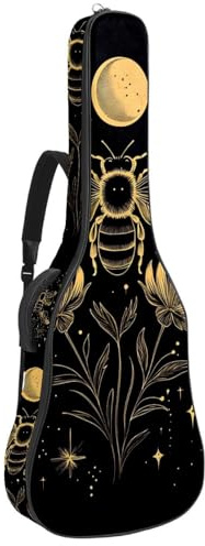Tasche für Akustikgitarre, 1 cm dicke Polsterung, wasserdichtes Oxford-Gewebe, Gitarrentasche Rucksack für 40-42 Zoll E-Bass, klassische Gitarren, Gold Schwarz Fleur de Lis Muster, Mehrfarbig 04
