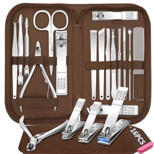Kit Manucure Pédicure, 16 Pinces à Ongles en Acier Inoxydable, Kit Professionnel de Soins des Ongles avec Etui de Voyage Portable en Cuir pour Homme Femme marron