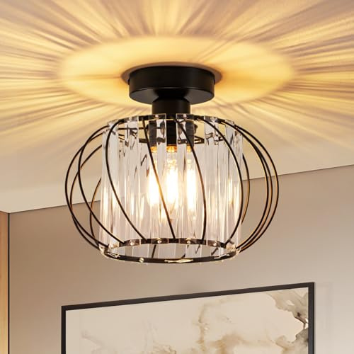 ZMH Deckenlampe Flur Deckenlecuhte Küche Vintage Kristall E27 Küchenlampe | Metall Rahmen Schwarz Flurlampe Modern Innen Deckenbeleuchtung für Flur Balkon Wohnzimmer Hotel (Ohne Leuchtmittel)