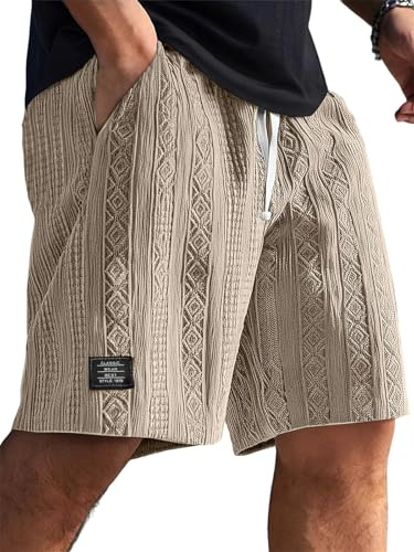 Herren-Jacquard-Shorts, elastische Taille, Kordelzug, Cargo-Shorts, mehrere Taschen, leicht, Sommer, lässig, Strand-Shorts, khaki, M