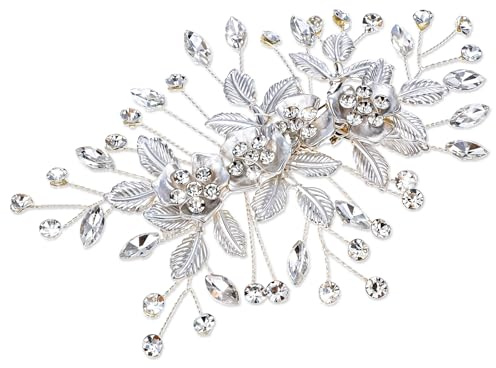 Wedding Hair Clip, Bling Rhinestone Flower Wedding Hair Accessories Glitter Crystal Headpiece Bridal Hair Accessories for Women Bride Bridesmaid (Sliver)