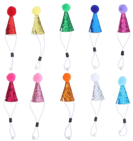 Lurrose 10 Stück Mini-Partyhüte für Haustiere und Kuscheltiere, kegelförmige Geburtstagshüte mit Pompons, süße Geburtstagsparty-Dekorationen für Hunde, Katzen, Figuren, Spielzeug