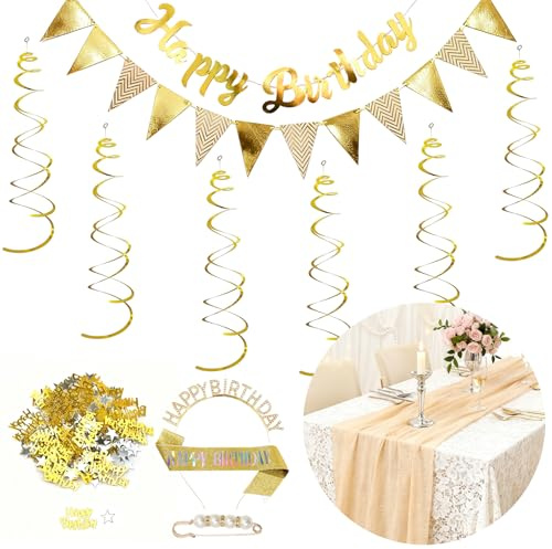 Nlqhyrexion Geburtstag Frauen, Geburtstag Deko Gold mit Tischläufer, Konfetti, Krone, Girlande, Schärpe, Happy Birthday Banner, Schärpe Haarnadel, Wirbel Spiral Girlande