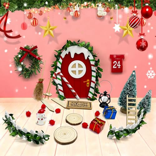 Wichtel Zubehör Wichteltür Set Weihnachtswichtel - Wichtel Set Weihnachten Komplett Miniatur Wichtelhaus Einzug Klein Tür Leiter Briefkasten DIY Bastelset Weihnachtsdeko Adventskalender Füllung