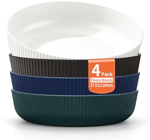 Berglander Pasta Bowls Set of 4, Reusable Salad Bowls 37oz Unbreakable Large Plastic Soup/Salad/Fruit/Serving Bowls for Home, Restaurant, Outdoor, Picnic, Camping, Serving Dishes