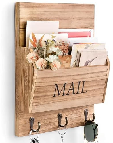 Yallmie 2 FäCher BriefstäNder Wand, ZeitschriftenstäNder Holz Wandmontierter Mit 3 Haken Zeitungshalter Vintage FüR Die Wand Wandprospekthalter Zeitschriften Wandhalterung FüR Eingang, Mudroom, Flur