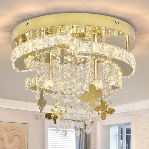 GreeLustr Runde Kristall Kronleuchter, Moderne Kristall Deckenleuchte mit Schmetterling Tropfenkristall, Gold Elegant Kronleuchter mit 4 Lichtern für Schlafzimmer Korridor, LED Halbeinbau Deck 30cm