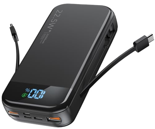 SOUNIX Batterie Externe 20000mAh, 22,5 W Charge Rapide, Power Bank avec Câbles Intégrés, 5 Sorties et 4 Entrées, Compatible avec l'iPhone Samsung S25 S24 AirPods iPad